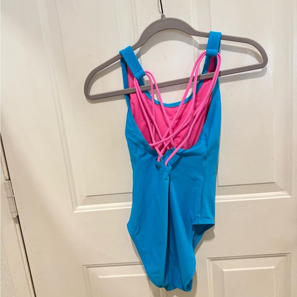 Adidas one piece logo cross back blue & pink swimsuit medium - Picture 4 of 9